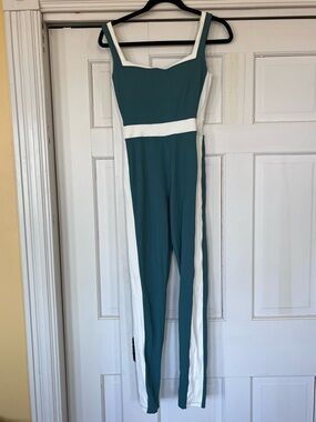 Teal and White Colorblock Slim Jumpsuit